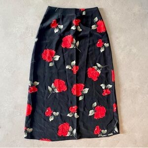 VTG 90’s Style Long Black Skirt with Red Rose Print